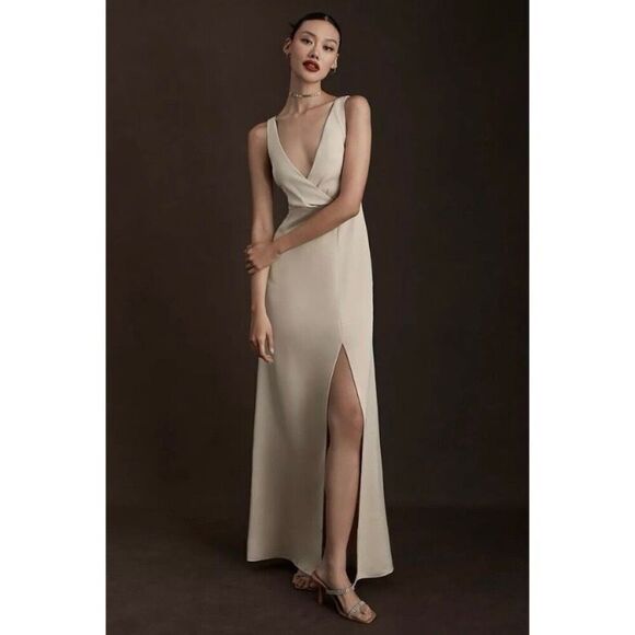 BHLDN Piper Champagne V-Neck Side Slit Satin Maxi Formal Gown NWT Size 8/Medium - Picture 1 of 7